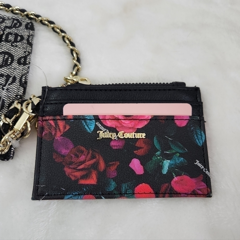 Juicy Culture Black Beige Floral Wristlet Credit Card Key Chain 2 Piece Set NWT - Picture 10 of 14